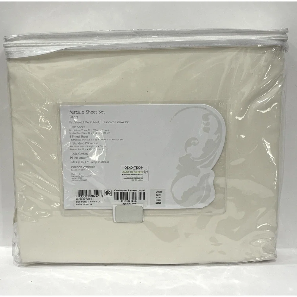 Sky Bloomingdale's Twin Percale Sheet Set 100% Cotton 3-Piece 17